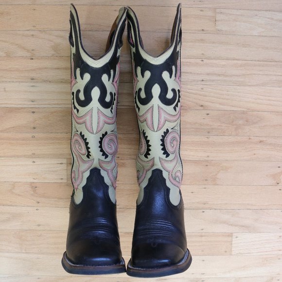 *SOLD* Tony Lama Women's Tall Buckaroo Cowboy Boots - Cream | Black | Pink - Picture 3 of 5